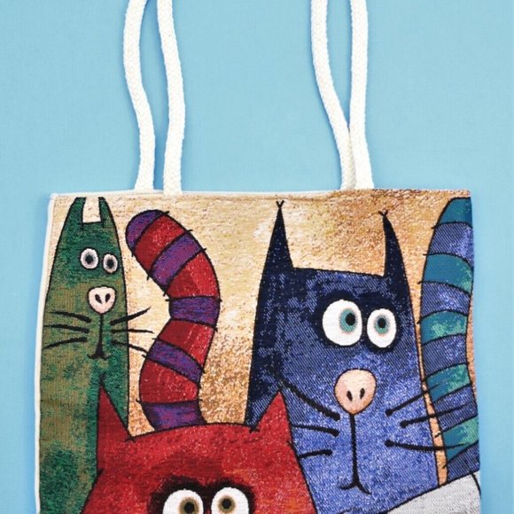 Tapestry Bag Tote Cats Shopping Beach Gym Shoulder 16"x 15" Unique Design New - Picture 3 of 13